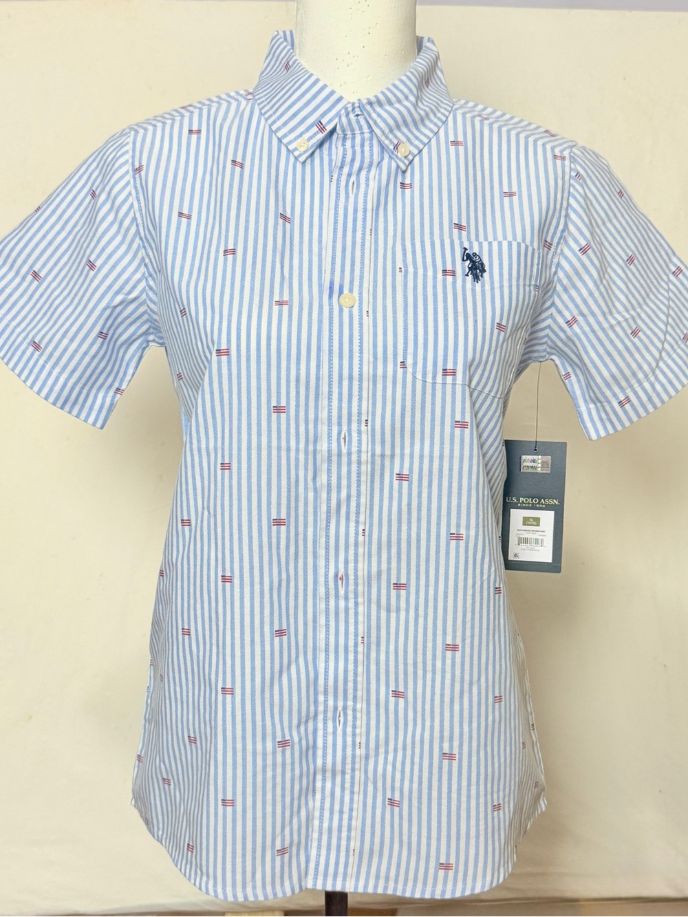 Boy’s U.S. Polo Assn. blue & white striped shirt w/flags NWT Size XL(14-16) | a